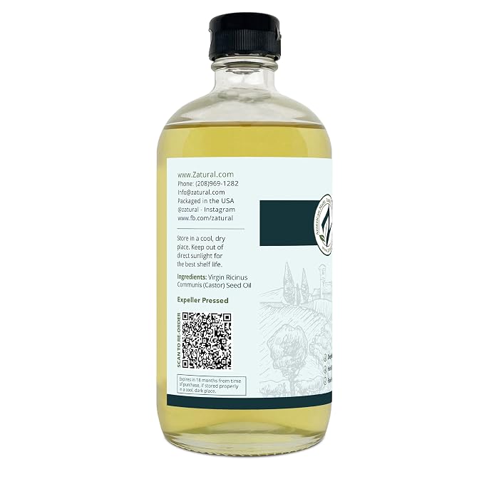 Zatural Castor Oil Naturally Grown 100% Pure Cold Pressed Castor Oil Hexane Free Hair Growth Eylash Serum and Eybrows or Body Wraps and Detox (Glass 16oz)