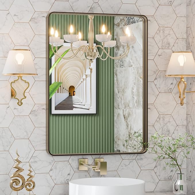 LOAAO 20"X30" Bronze Bathroom Mirror for Vanity | Rounded Rectangle, Brushed Bronze Metal Frame, Anti-Rust, Hangs Horizontally or Vertically