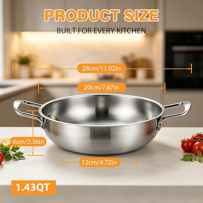 Korean Ramen Pot, Stainless Steel Stockpot, 1.43QT Korean Ramen Noodle Pot | Stainless Steel Stockpot with Handles, Dual Loop Handle Frying Pans for Delicious Soups Stews (Silver)