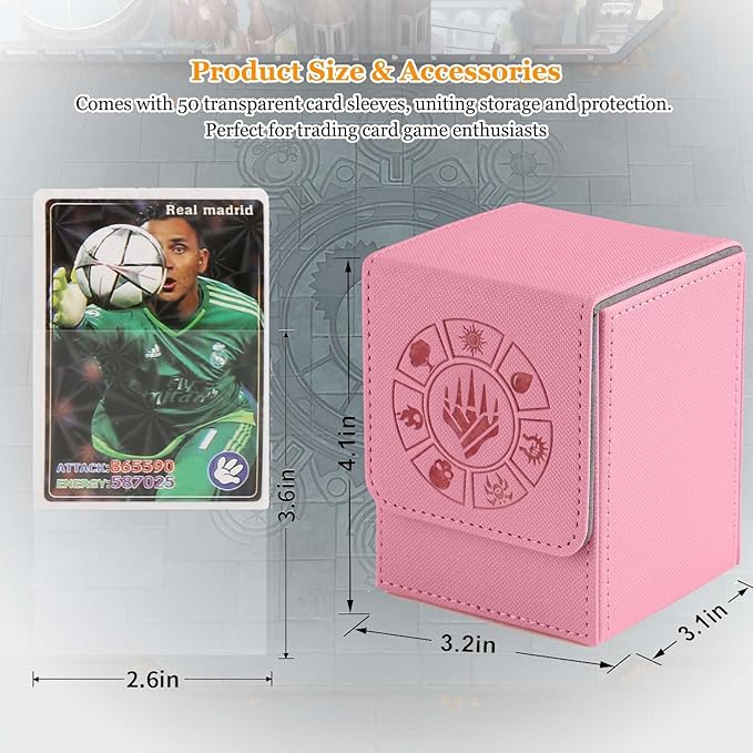 Arkeiliy Card Deck Box, 110+ Storage MTG Deck Box with 50 Pcs Card Sleeve, Collectible Trading Card Cases for Magic Commander and More (Pink)