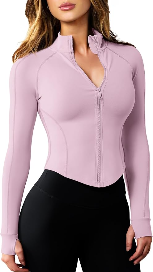 AVGO Women's Workout Jacket Lightweight Zip Up Cropped Yoga Jackets Slim Fit Athletic Tops with Thumb Holes