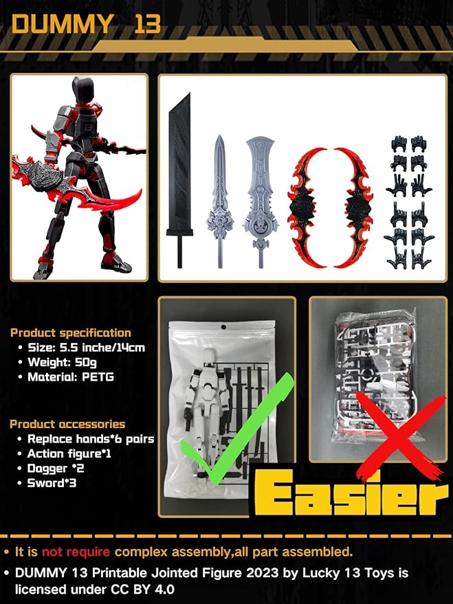 (Assembly Completed) T13 Action Figure, 5.5 Inch 3D Printed Multi-Jointed Movable Dummy 13 Toy,Dummy 13 Robot Action Figure with Lots of Weapons, Black Red