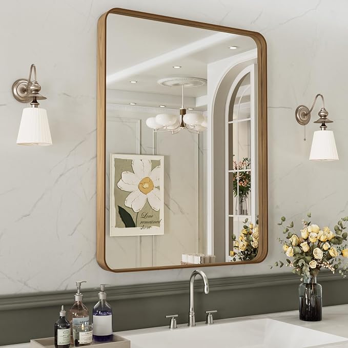 LOAAO 32X36 Inch Bathroom Mirror with Wood Grain Colored Metal Frame | Rounded Rectangle Metal Framed, Anti-Rust, Hangs Horizontally or Vertically, Tempered Glass