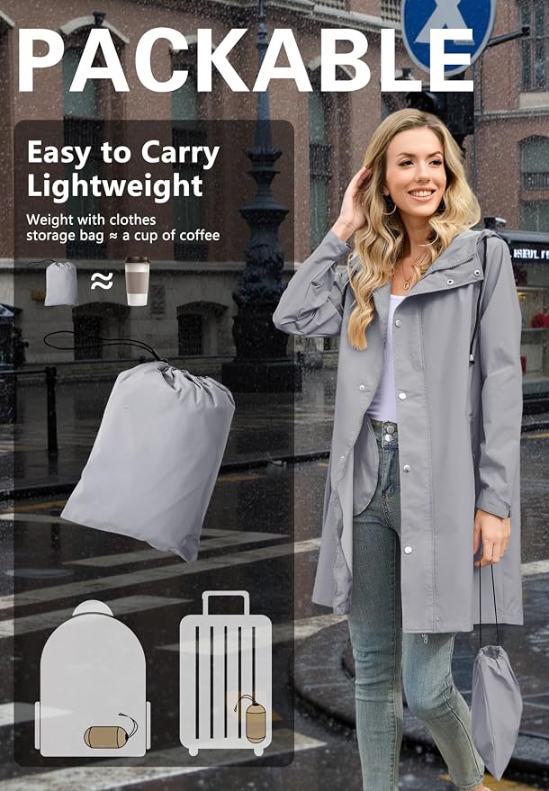 Zando Long Packable Rain Jacket Women Waterproof Raincoat with Hood | Relaxed-Fit Lightweight Windbreaker for Women; Travel Rain Coats for Commute, Hiking, Cruise, and Daily wear
