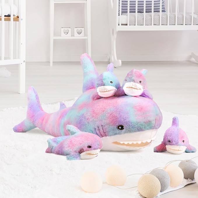 Giant Shark Stuffed Animals Plush, Large Shark Plush Pillow with 4 Little Sharks, 100cm/39.4inches Colorful Sharks Plush Toy Gifts for Kids(Purple)