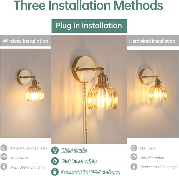 Shenmoyl Plug in Wall Sconce, Amber Tulip Glass Lampshade Wall Light Plugin Corded for Bedside Bedroom Doorway