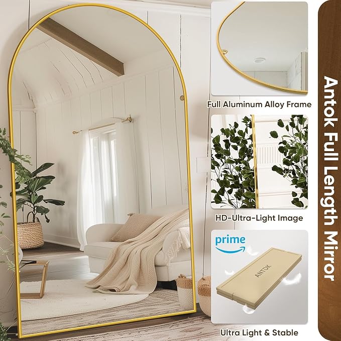 Antok 72" x44” Arched Full Length Floor Mirror, Gold Aluminum Frame, Free Standing/Wall Mount/Leaning for Bedroom, Living Room, Dressing Room