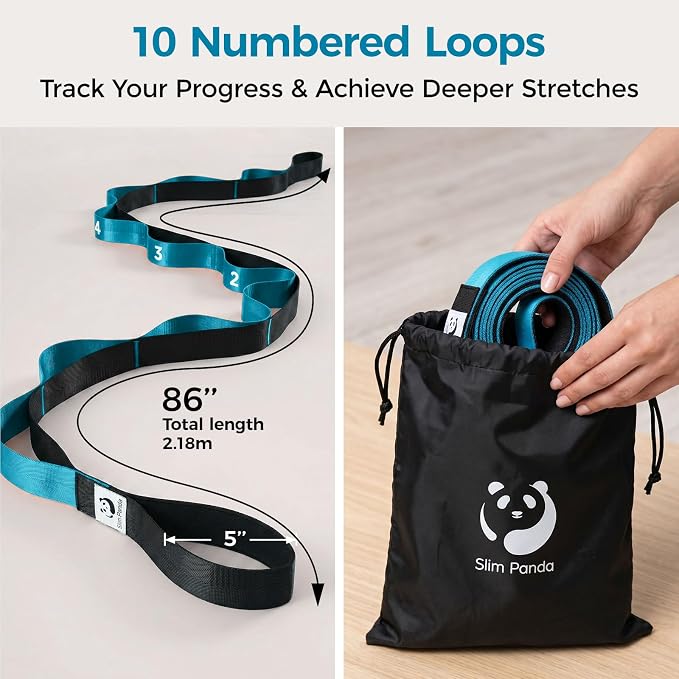 Slim Panda Stretching Strap with Loops - Non-Elastic Heavy Duty Nylon Yoga & PT - Oversized Multi-Loop Home Rehab - Hamstring Shoulder Pilates Flexibility