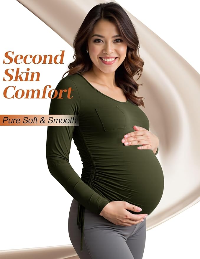Fotociti Maternity Shirts Long Sleeve, Pregnancy Side Ruched Tops,Women’s Clothes for Mama Work Casual Yoga Wearing