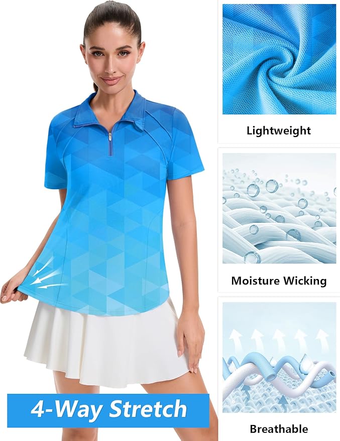 LOMON Womens Golf Polo Shirt Summer Short Sleeve Quarter Zip Outfit | Side-Pockets,Princess Seams,Cotton,Wrinkle Free,Moisture Wicking,Quick-Dry,Lightweight,Collared,for Tennis Workout