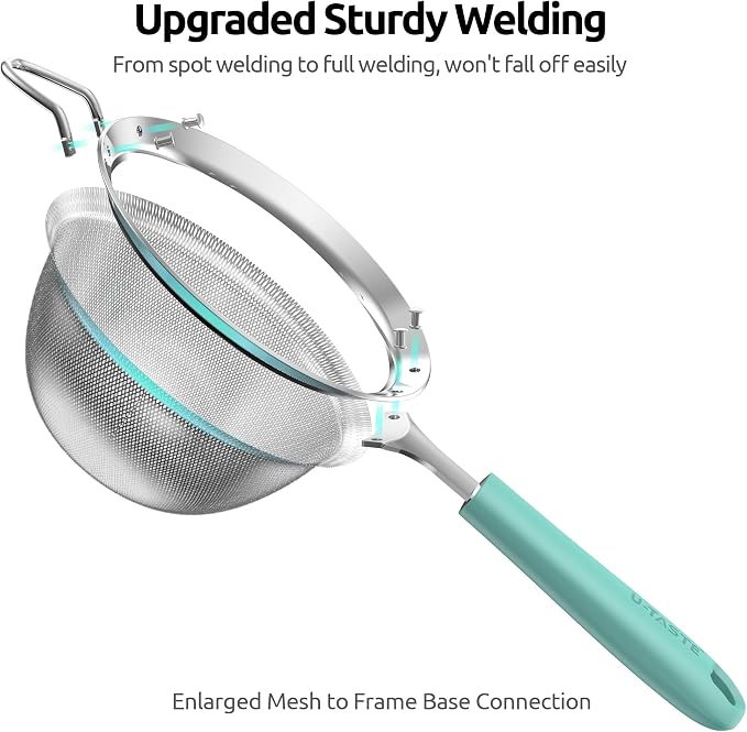 U-Taste Medium Fine Mesh Strainer: 18/8 Stainless Steel 4.73in 30 Mesh Kitchen Food Sieve with Sturdy Riveted Silicone Handle, Heavy Duty Deep Handheld Metal Colander for Rice, Quinoa, Flour(Aqua Sky)