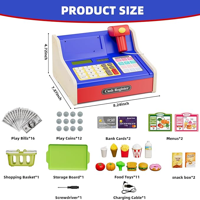 HYES Rechargeable Wooden Cash Register for Kids, Toy Cash Register with Play Money, Toy Food, Pretend Play Supermarket & Fast Food Restaurant, Toddler Learning Toys for Boy & Girl Age 3-5, Blue