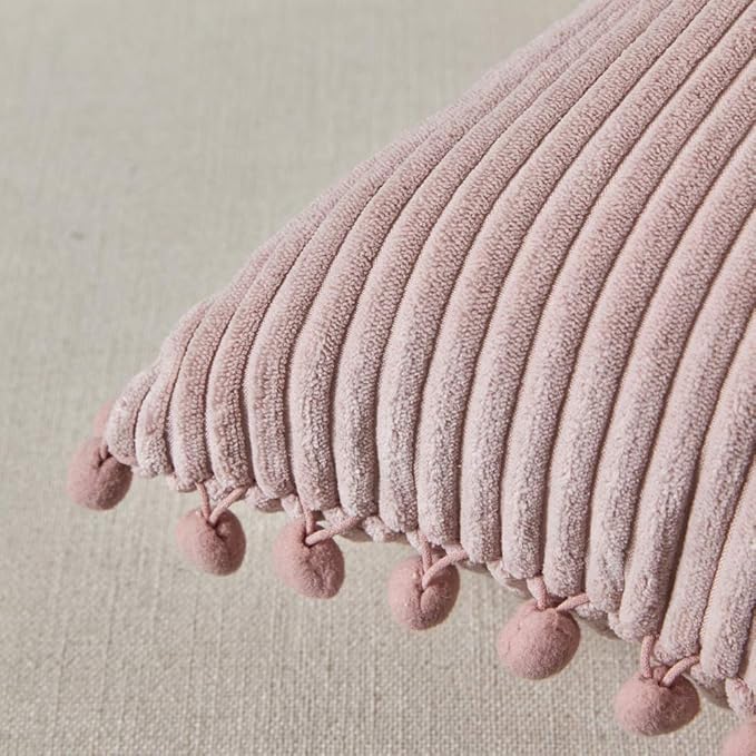 Fancy Homi Pack of 2 Boho Big Decorative Throw Pillow Covers 26 x 26 with Pom-poms, Soft Corduroy Solid Square Cushion Cases for Couch Sofa Bedroom Car Living Room (26x26 Inch/66x66 cm, Blush Pink)