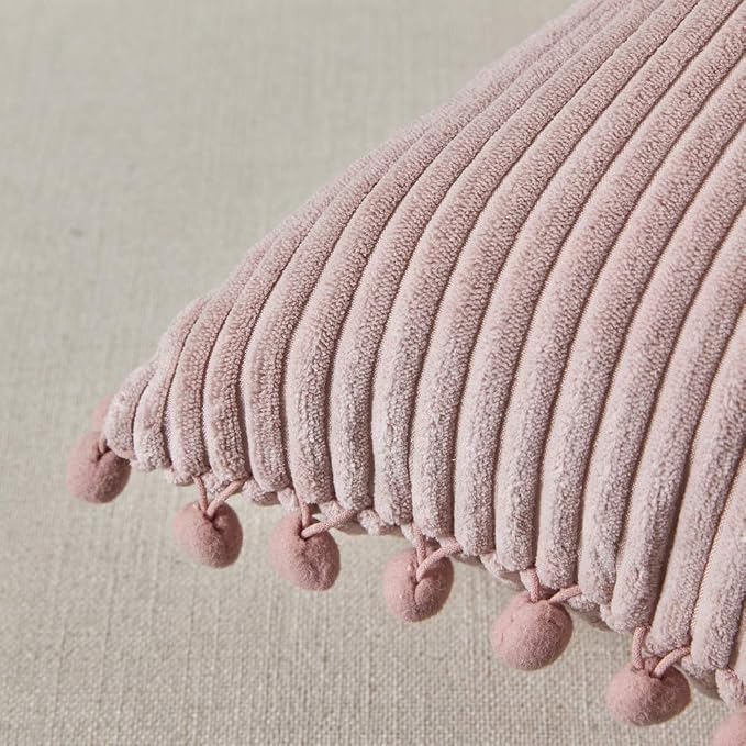 Fancy Homi 2 Pack Blush Pink Lumbar Decorative Throw Pillow Covers 12x24 Inch with Pom-poms for Couch Bedroom Sofa, Farmhouse Boho Home Decor, Soft Corduroy Solid Rectangle Cushion Case 30x60 cm