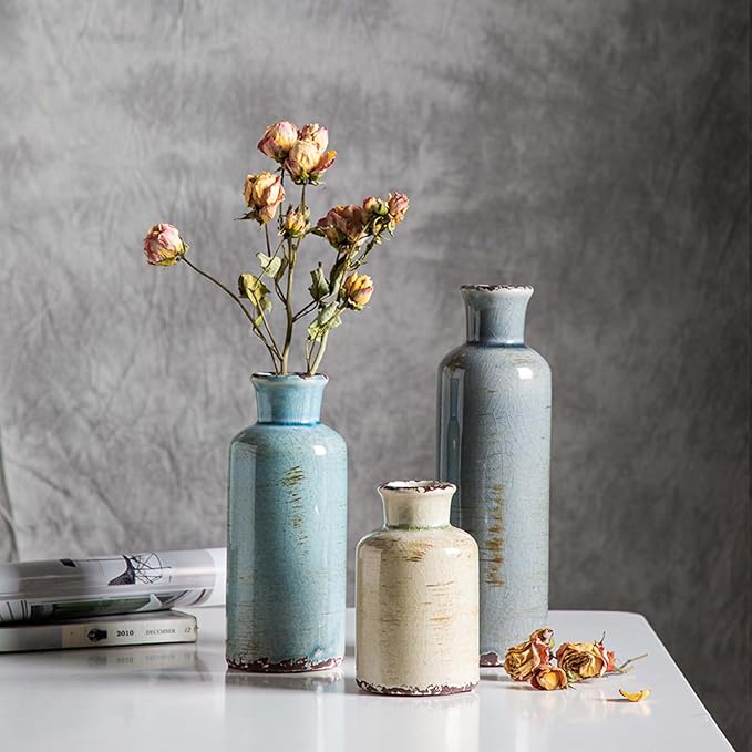 CwlwGO- Ceramic Vase Set of 3, Small Flower Vases for Home Decoration, Modern Farmhouse Decor, Living Room Kitchen Table Centerpieces, Shelf, Mantel, Fireplace and Entrance Decorations-Multicolor.