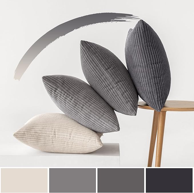 MIULEE Soft Corduroy Decorative Throw Pillow Covers Neutral Grey 20x20 | Set of 4, Mordern Minimalist Decor, Layered Gray Collection, Boho Farmhouse Cushion Covers for Couch Bed Sofa Living Room