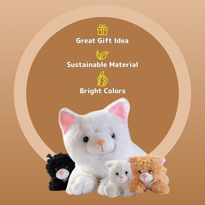 PREXTEX Plush Cat Toys Stuffed Animal with 3 Cats Baby Stuffed Animals - Big Cat Zippers 3 Little Plush Baby Kittens - Cat Stuffed Animal with Babies - Gift for Cat Lovers, Cat Stuffed Animals