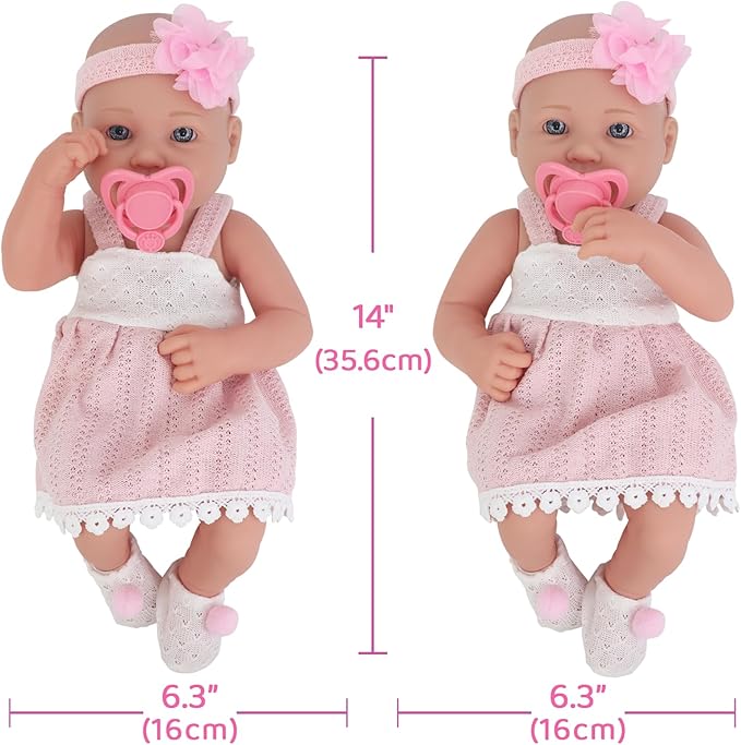 UNICORN ELEMENT 14 Inch Baby Doll with Baby Doll Clothes and Accessories, Reborn Vinyl Body 14” Dolls Playsets with Pacifier, Feeding Bottle Etc, Great Gift for Toddlers 3+