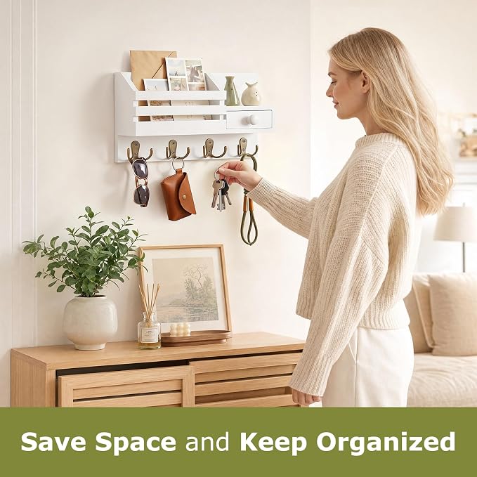 Key Holder Wall Mount, Wooden Key and Mail Organizer, White | 2 Mount Options, Includes 8 Hooks, Fence Mail Slot, Small Drawer and Shelf, for Entryway, Hallway, Doorway, Living Room, RV