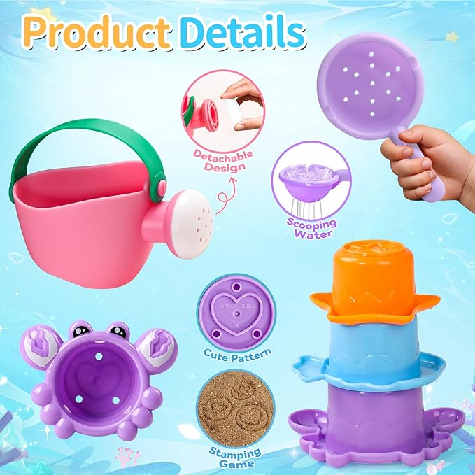 Toddler Bath Toys for Kids Ages 1-3 10 PCS Baby Bath Toys Mold Free with Multi Color & Shape Stacking Cups Bathtub Sand Pool Water Toys for 1 2 3 4 5 6 Birthday Gifts