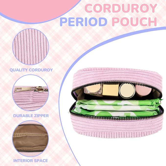 Corduroy Period Pouch with Strawberry Charm Small Discreet Sanitary Napkin Storage Bag Cute Menstrual Pad Pouch Tampon Bag for Purse Zipper Makeup Bags for Women Blue