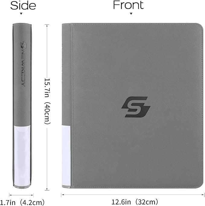Snekdy Top loader Binder, 9 Pockets Top Loader，Holds 360 Top Loaders cards, Card binder with Sleeves for card in 3 x 4 inches color smooth Zipper PU Leather (Light Grey)