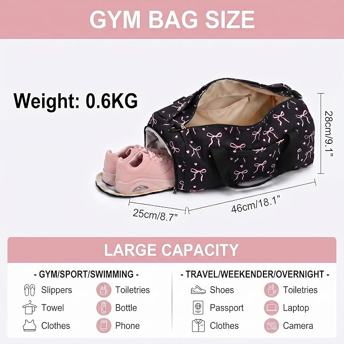 Gym Bag Sports Duffle Bag with Wet Pocket Weekender Overnight Bags with Waterproof Shoe Pouch and Air Hole for Girls Kids Women Workout Travel Bags (Bow Tie Black)