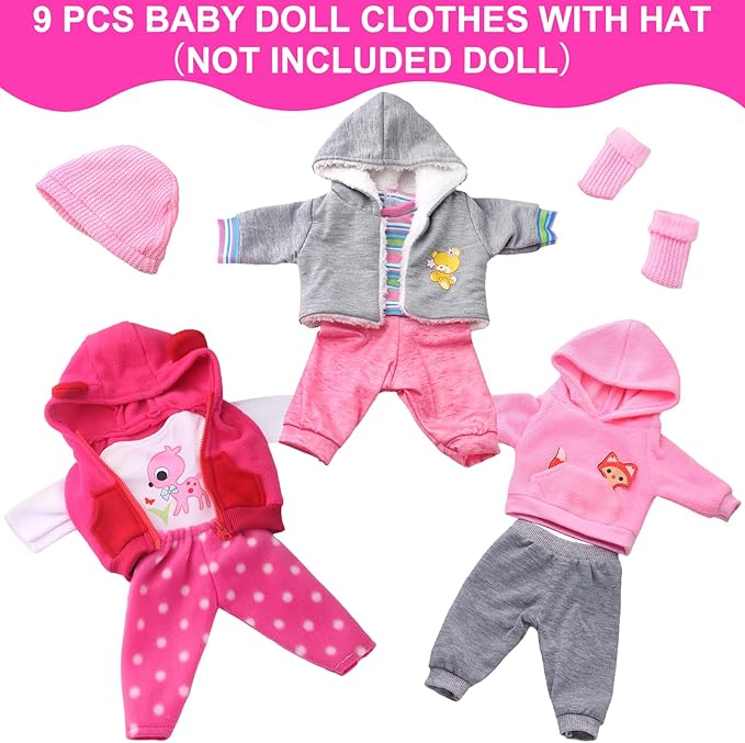 UNICORN ELEMENT 9PCS 16-18 Inch Baby Doll Clothes Set - Magic Tape Design Cute Outfits for Baby Dolls with Hat & Socks, 3+ Age Pretend Play Costumes to Boost Creativity (No Doll Included)