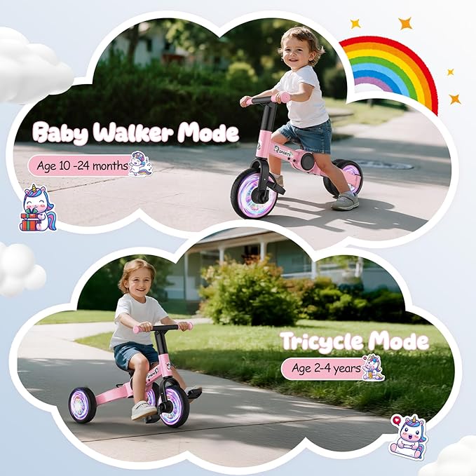 3 in 1 Toddler Balance Bike for 1-4 Year Olds, Colorful Lighting Baby Toddler Tricycle for 1 2 3 4 Year Old with Removable Pedals, Kids Bicycle Toy for Boys Girls Balance Training, Birthday Gift