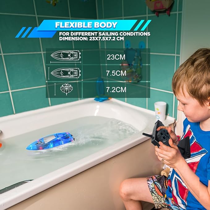 2Pack LED Light RC Boat Remote Control Pool Water Toys for Kids Ages 8-12 Adults Lakes Bathtub Toy with Whole Body Waterproof,Low Battery Alarm,2.4Ghz,Control Range 50M,Rechargeable Battery