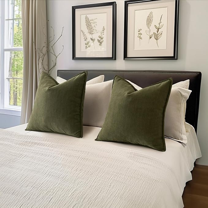 MIULEE Pack of 2 Olive Green Euro Shams Chenille Pillow Covers 26x26 Inch | Decorative Soft Couch Throw Pillows,Farmhouse Cushion Covers,Elegant Design for Sofa,Bed,Living Room,Summer Decor