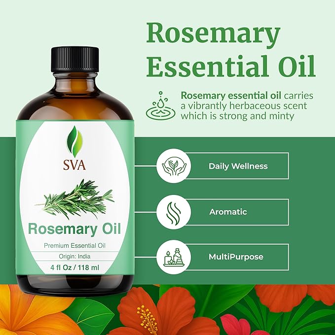 SVA Rosemary Essential Oil – 4 Fl Oz - for Diffuser, Skin & Hair Care – Ideal for Aroma, Massage & DIY Blends– with Dropper
