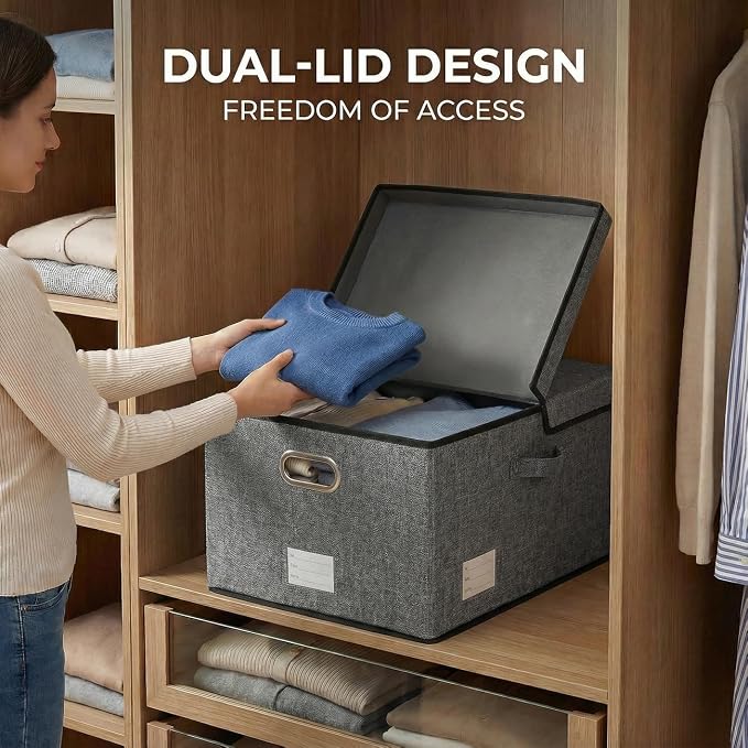 Storage Bins with Lids [3-Pack] Linen Fabric Foldable Storage Boxes Organizer Containers Baskets Cube with Cover for Bedroom Closet Office Grey(23.4X15.9X11.4)