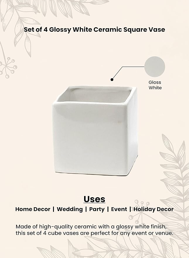 Serene Spaces Living Set of 4 Glossy White Ceramic Square Vase, Succulent Planter, Ceramic Cube Vase for Flowers, Decorative Centerpiece for Home, Office, Wedding,Measures 3" Diameter & 3" Tall