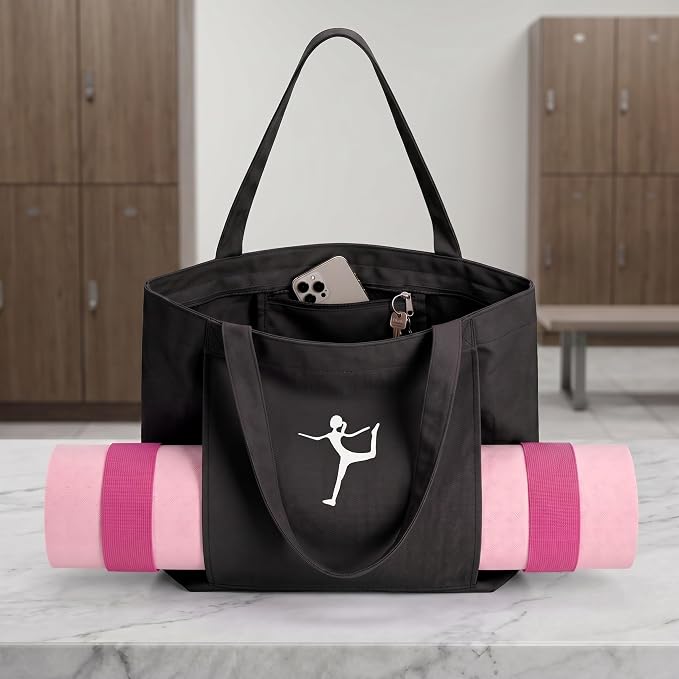 Yoga Bag - Pilates Bag With Mat Holder,for Women Canvas Tote Bag with Yoga Mat Carrier Pocket Large Gym Pilates Bag for Travel Office Beach Workout