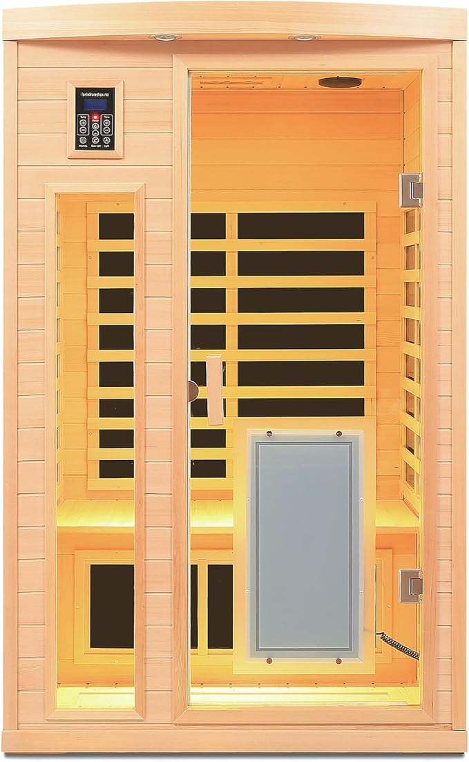 Ultra Low EMF 2 Person Infrared Sauna, 1750W 15A Far Infrared Saunas for Home, Canadian Hemlock Wood Sauna Indoor Sauna with Chromotherapy Light, Bluetooth Speaker, Door Heating Plate