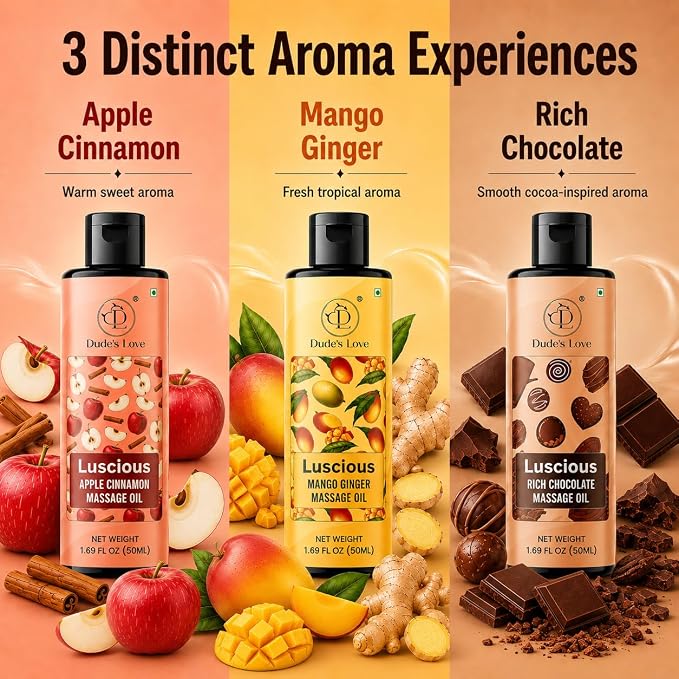 Dude's Love Luscious Flavored Massage Oil Set - Pack of 3 - Organic - Chocolate, Apple Cinnamon, Mango Ginger - Non-Sticky, Nourishing & Moisturizing - Aromatherapy Vegan Oil - 1.69 FL OZ x3