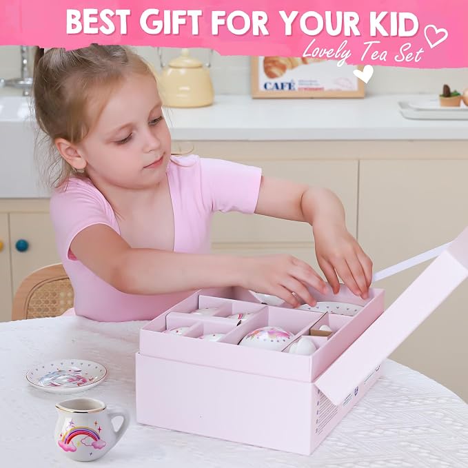 TUZT Porcelain Tea Party Set for Little Girls Kids Toddlers, 13Pcs Unicorn Tea Set - Teapot & Cup & Saucer & Suitcase,Pretend Play Toys Kitchen Set - Christmas Birthday Gift for Girls