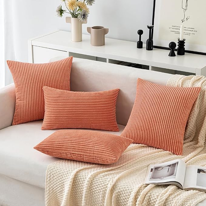 MIULEE Lumbar Corduroy Throw Pillow Covers Set of 2 12x20 Coral Red | Decorative Soft Striped Textured Cushion Cases, Lovely Cute Pillowcases for Home Decor, for Couch Chair Sofa Bed Living Room