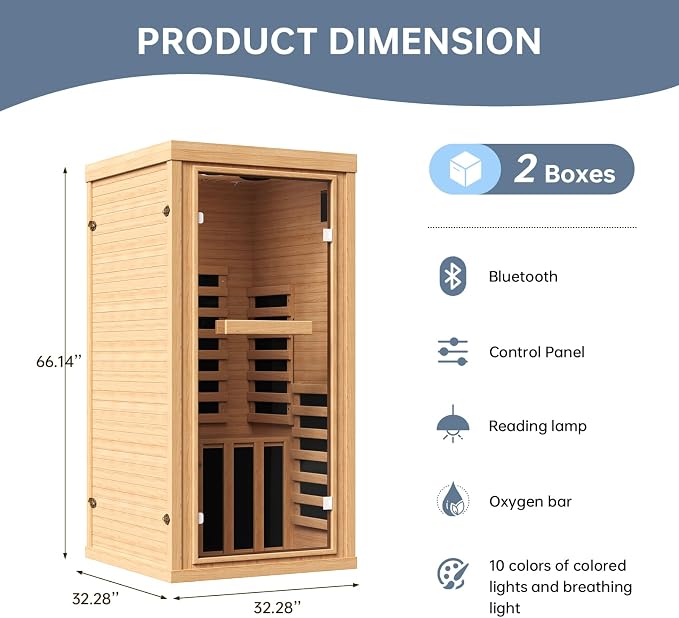 1 Person Infrared Dry Sauna, Canadian Hemlock Wood Indoor Home Spa Sauna Room, Integrated Speakers, Tempered Glass Door & Control Panel, 149℉ Maximum Heating, Size 32.3" x 32.3" x 61.6"
