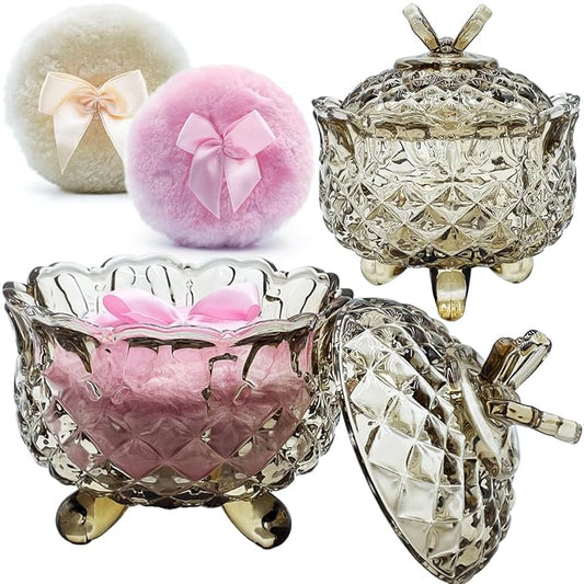 4" Glass Dusting Powder Container with 2 Fluffy Puffs,Cute 3.5" Soft Body Powder Puff and Jar Set(Butterfly-tawny)