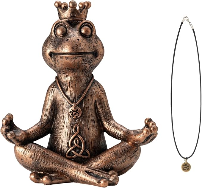 Meditating Zen Frog Statue Decor with Bonus Om Necklace - 5.8" Hand-Painted Resin Figurine - Yoga Room, Office Desk & Shelf Ornaments - Mindful Spiritual Gift for Women & Yoga Lovers(Bronze)