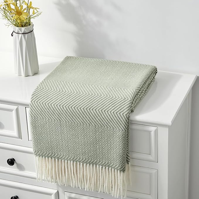 CREVENT 50"X60" Farmhouse Breathable Soft and Warm Classic Throw Blanket for Sofa Couch Bed, Faux Cashmere Home Decoration Throw with Tassles (Green)