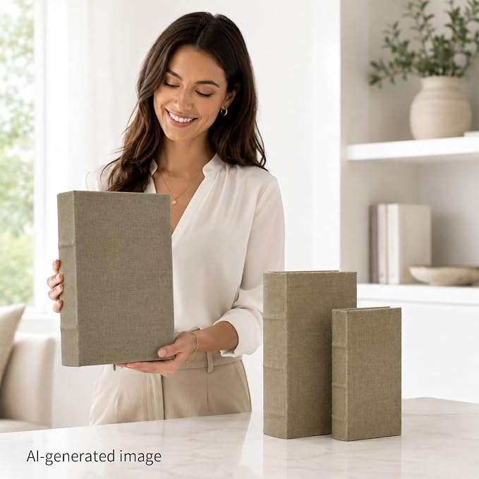 Decorative Book Boxes Set of 3, Faux Linen Storage, 13" | Living Room Decor, Bedroom Decor, Office Decor, Bookshelf Display, Coffee Table, Farmhouse, Rustic, Vintage Style