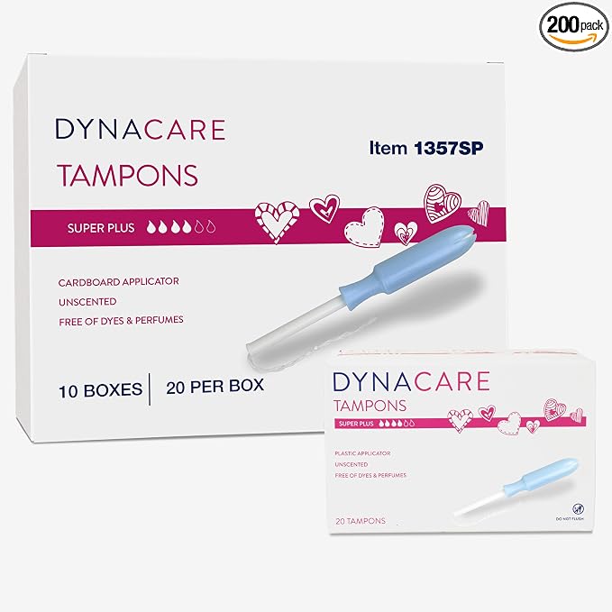 Dynarex Super Plus Tampons – Bulk Feminine Hygiene Product with Plastic Applicator – 6 Hour Protection – 10 Boxes of 20 Total Tampons