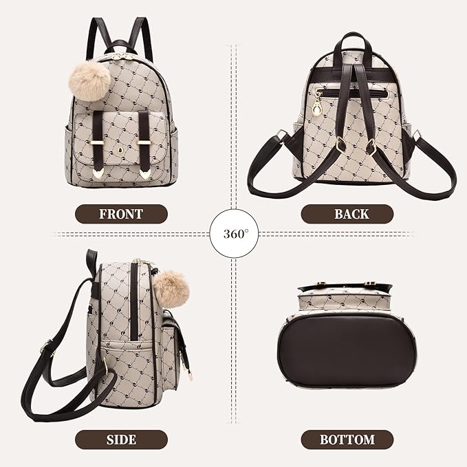 I IHAYNER Girls Fashion Backpack Mini Backpack Purse for Women Teenage Girls Purses PU Leather Pompom Backpack Shoulder Bag