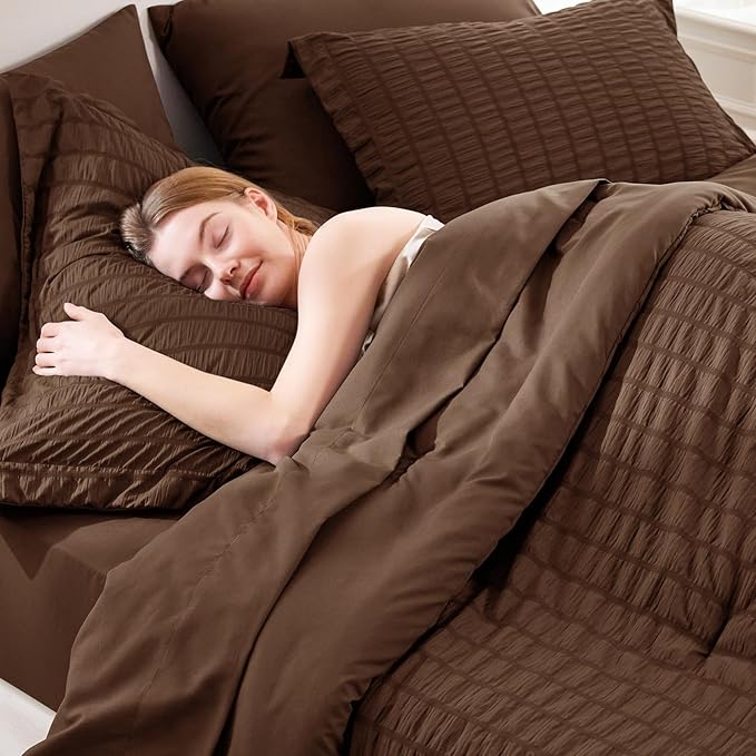 CozyLux Oversized Queen Comforter Set Brown Seersucker 7 Pieces 98x98 Bed in a Bag Comforter Set with Sheets, Luxury Soft Bedding Sets with Down Alternative Comforter, Sheets, Pillowcases & Shams