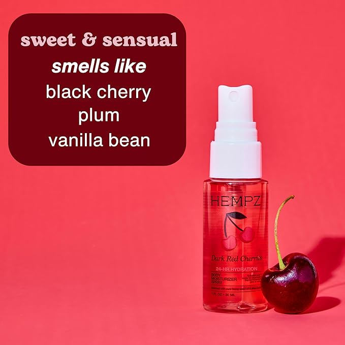 Hempz Cherry Hydrating Mist Spray, Dark Red Cherries lightweight fragrance, Travel Size Moisturizer, Beach Vacation Essential, 1 fl.oz.