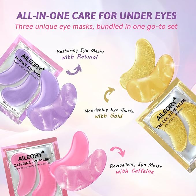 AILEORY Under Eye Patches for Dark Circles, Puffiness, Fine Lines, Eye Mask Set with Retinol, 24K Gold, Caffeine, Gel Mask for Birthday & Mothers Day Gifts, Skincare Gift for Women & Men, 24 Pairs