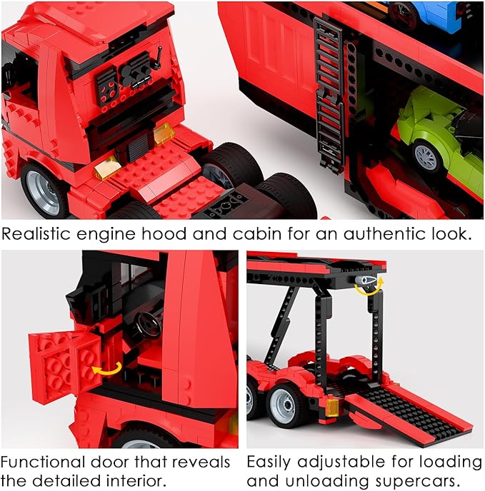 TG BLOCKS Micro Brick Car Transporter with 3 Sports Cars Building Set - Kids Truck Toy with Carrier & Trailer, Gift Idea for Teens 8+ Boys & Girls